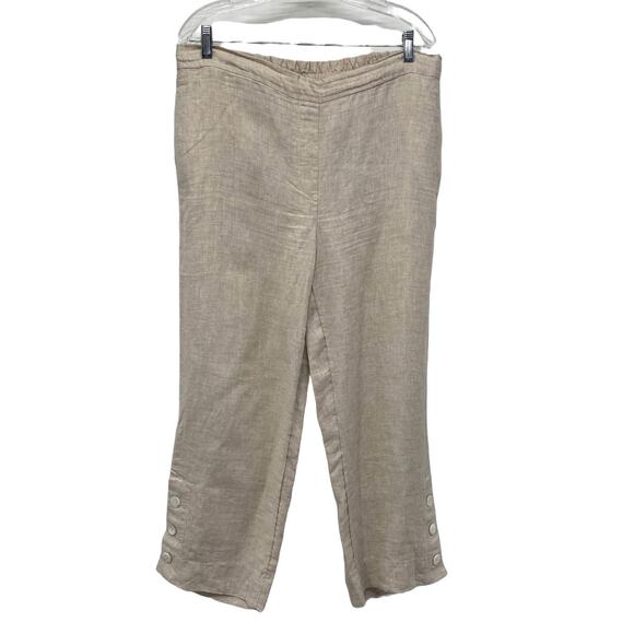 Chico's Linen Resort Pants Sz 2 Beige Pull-On Wide Leg Button Hem Beach Travel - Picture 1 of 11